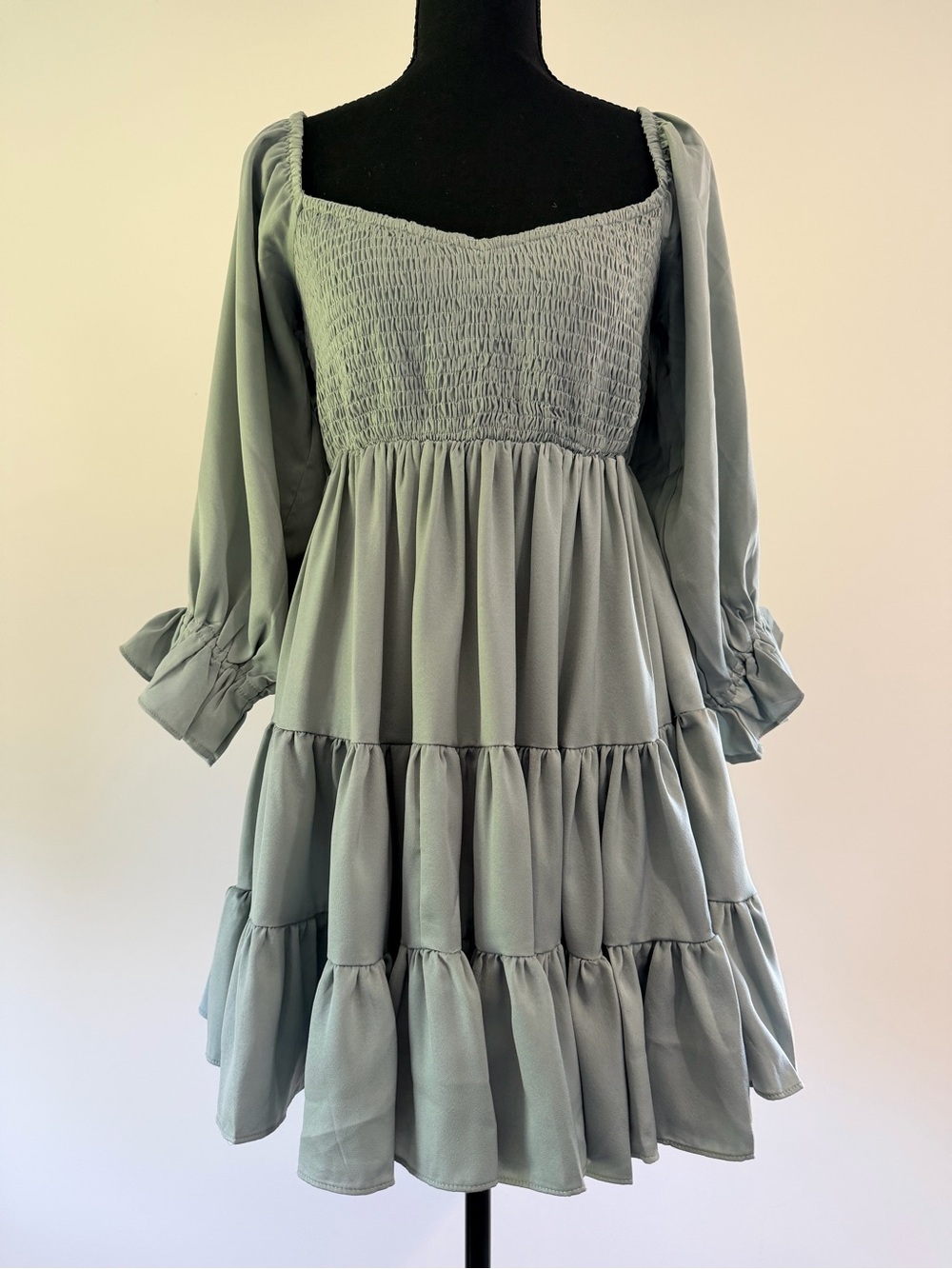 MABLE Sage Green Satin Smocked Tiered Mini Dress Small Cottagecore Fairycore